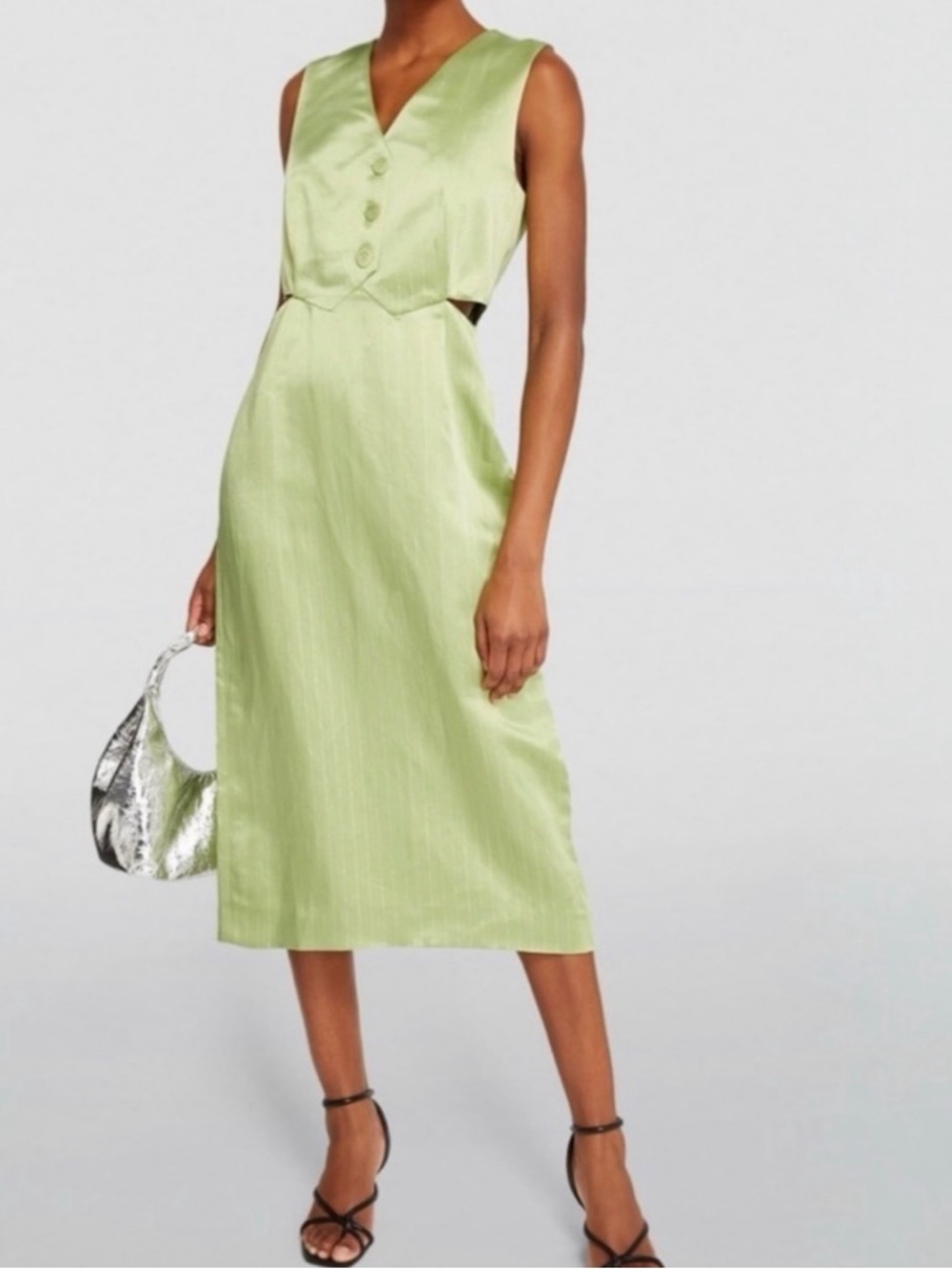 SANDRO Abby Sleeveless Cut-Out Metallic Pinstriped Lurex Satin Vest Midi Dress